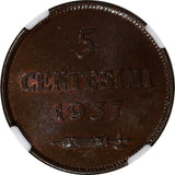 San Marino Bronze 1937 R 5 Centesimi NGC MS64 BN KEY DATE TOP GRADED KM# 12 (50)