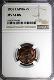 LATVIA Bronze 1939 2 Santimi NGC MS64 BN 1 YEAR TYPE Mint Luster KM# 11.2 (047)