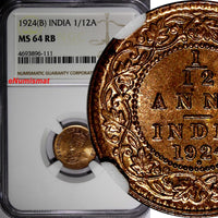 India-British George V Bronze 1924 (B) 1/12 Anna NGC MS64 RB KM# 509 (111)