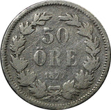 Sweden Oscar II Silver 1877 EB 50 Ore Mintage-149,000 RARE DATE KM# 740
