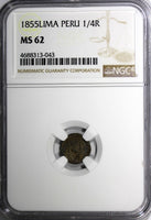 Peru Silver 1855 1/4 Real Lima Mint  NGC MS62  Llama KM143.1