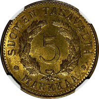Finland Brass 1951 H 5 Markkaa NGC MS64 TOP GRADED BY NGC KM# 31a (017)