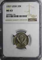 RUSSIA USSR Copper-Nickel 1957 20 Kopeks NGC MS63 1 YEAR TYPE Y# 125