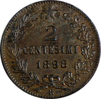 Italy Umberto I Copper 1898 R 2 Centesimi XF KM# 30 (20 216)