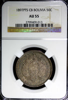 Bolivia Silver 1897 PTS CB  50 Centavos, 1/2 Boliviano NGC AU55 Toning KM# 161.5