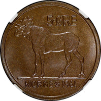 Norway Olav V Bronze 1961 5 Øre NGC MS64 BN  ONLY 1 GRADED HIGHEST KM# 405