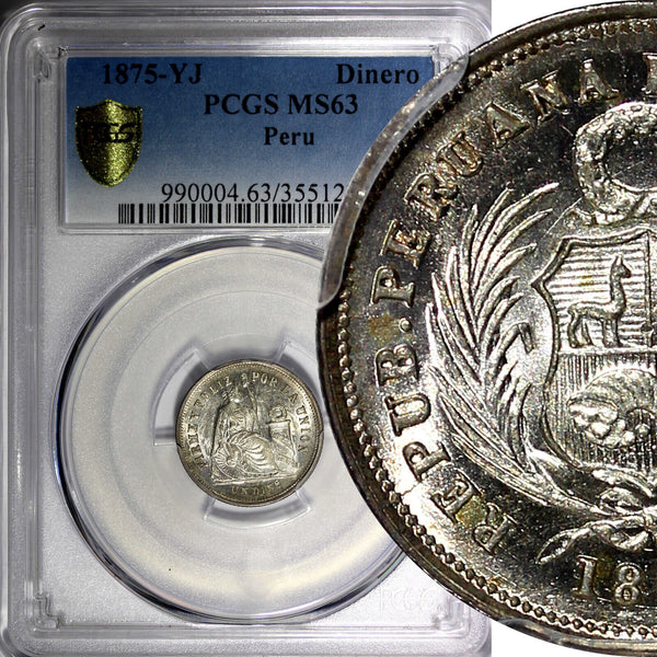 PERU Silver 1875 YJ 1 Dinero PCGS MS63 NICE COIN KM# 190 (992)