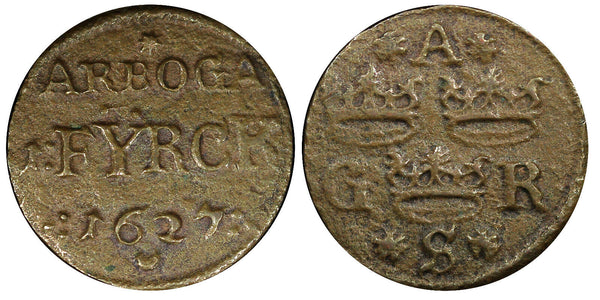 Sweden Gustav II Adolf Copper 1627 1 Fÿrk Arboga mint SCARCE KM# 110 (458)
