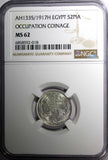 Egypt Occupation Coinage Silver AH1335/1917 H 2 Piastres NGC MS62 KM# 317.2 (18)