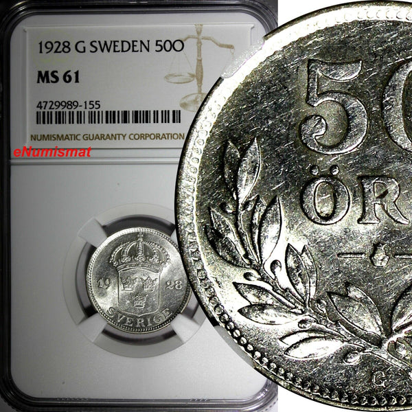 SWEDEN Gustaf V Silver 1928 G 50 Ore NGC MS61 KM# 788 (155)