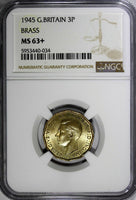 Great Britain George VI Brass 1945 3 Pence WWII Issue NGC MS63+ KM# 849 (34)