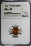 Finland Copper 1920 1 Penni NGC MS64 RB Mintage-720,000 TOP GRADED KM# 23 (044)