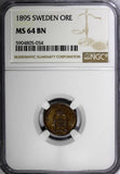 Sweden Oscar II Bronze 1895 1 Ore NGC MS64 BN TOP GRADED BY NGC KM# 750 (054)