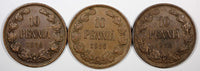Finland Nicholas II Copper LOT OF 3 COINS 1916 10 Penniä  KM# 14 (20 896)