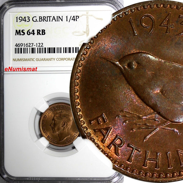 Great Britain George VI Bronze 1943 Farthing NGC MS64 RB KM# 843 (122)