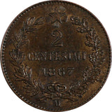 Italy Vittorio Emanuele II Copper 1867 M 2 Centesimi  Milano ch.XF KM# 2.1 (807)