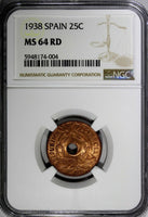 SPAIN II Republic Copper 1938 25 Centimos 1 Year Type NGC MS64 RD KM# 757 (004)