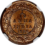 India-British George V Bronze 1924 (B) 1/12 Anna NGC MS64 RB KM# 509 (111)