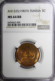 Tunisia Muhammad V Bronze AH1325//1907 A 5 Centimes NGC MS64 RB KM# 235 (009)