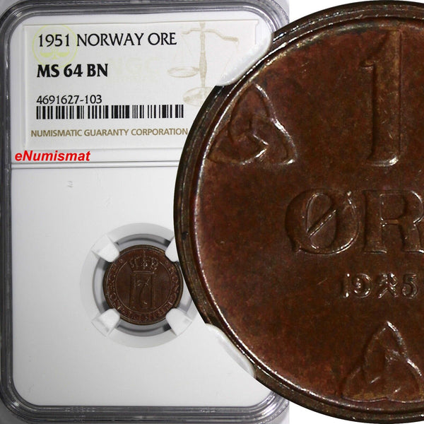 Norway Haakon VII Bronze 1951 1 Ore NGC MS64 BN TOP GRADED BY NGC  KM# 367 (103)