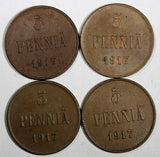 FINLAND Nicholas II Copper LOT OF 4 COINS 1917 5 Penniä KM# 15 KM# 17 (17 351)