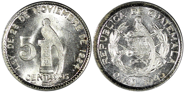 GUATEMALA Silver 1945 5 Centavos  BU COIN KM# 238.1 (727)