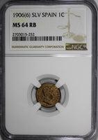 Spain Alfonso XIII (1886-1931) Bronze 1906 (6) SLV 1 Centimo NGC MS64 RB KM# 726