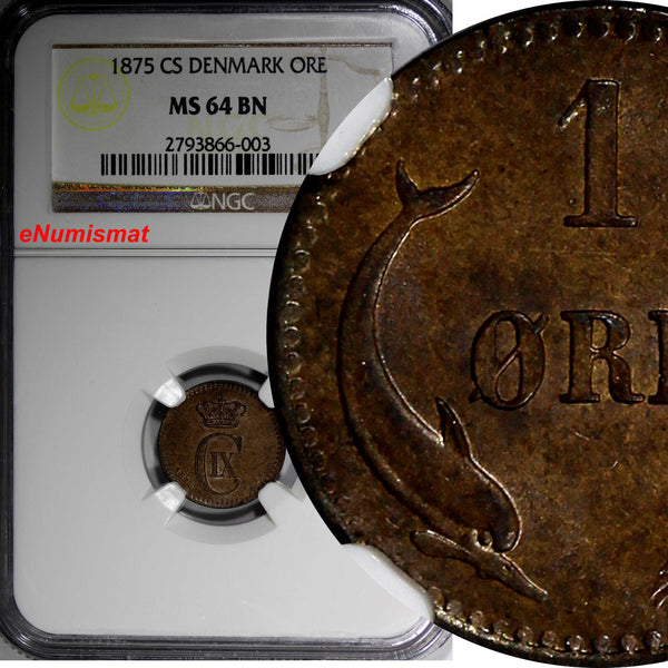 Denmark Christian IX Bronze 1875 CS 1 Ore NGC MS 64 BN KM# 792.1 (003)