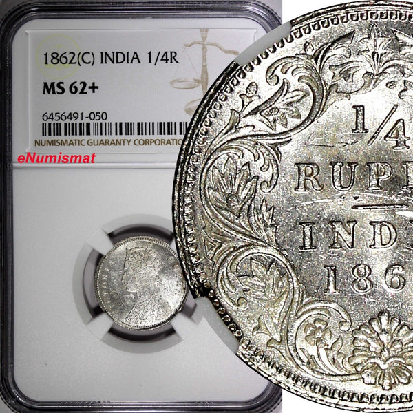 India-British Victoria Silver 1862 (C) 1/4 Rupee Calcutta NGC MS62+ KM# 470 (50)