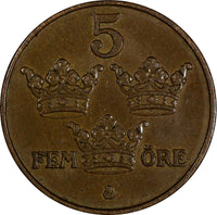 Sweden Gustaf V Bronze 1919 5 Öre KM# 779.2 (17 878)