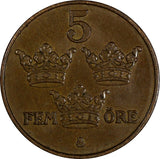 Sweden Gustaf V Bronze 1919 5 Öre KM# 779.2 (17 878)