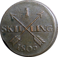 SWEDEN 1805 1 SKILLING OVERSTRUCK ON 18th Cent 2 ORE S.M.  KM#566 (2371)