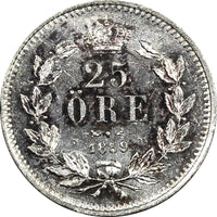 Sweden Oscar I Silver 1859/8 25 Ore SCARCE OVERDATE aUnc Toning KM# 684 (9891)