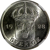 SWEDEN Gustaf V Silver 1928 G 50 Ore NGC MS63 KM# 788 (040)