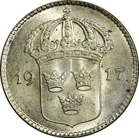 SWEDEN Gustaf V Silver 1917 W 10 Öre  WWI ISSUE UNC KM# 780 (21 911)