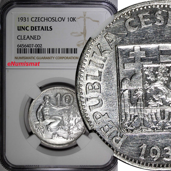 Czechoslovakia Silver 1931 10 Korun 30 mm NGC UNC DETAILS KM# 15 (002)