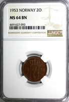 Norway Haakon VII Bronze 1953 2 Ore NGC MS64 BN TOP GRADED BY NGC KM# 399