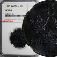 Sweden Gustaf V Iron 1948 5 ORE NGC MS64 BU COIN 27 mm KM# 812 (036)