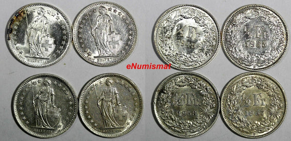 Switzerland Silver LOT OF 4 COINS 1945-1958 1/2 Franc aUNC-UNC KM# 23 (17 046)