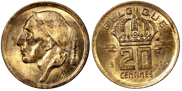 Belgium Baudouin I Bronze 1953 20 Centimes UNC  KM# 146 (21 320)
