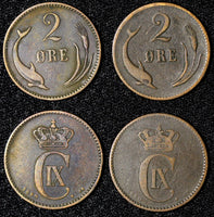 Denmark Christian IX Bronze LOT OF 2 COINS 1880,1889 2 Ore SCARCE KM# 793.1 (5)