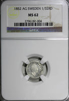 Sweden Oscar Silver 1852 AG  1/32 Riksdaler  NGC MS62 Mint Luster KM# 681