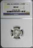 Sweden Oscar Silver 1852 AG  1/32 Riksdaler  NGC MS62 Mint Luster KM# 681