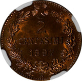 Italy Umberto I Copper 1897-R 2 Centesimi NGC MS64 RB Nice Toning KM# 30