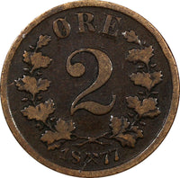 Norway Oscar II Bronze 1877 2 Ore Norwegian Lion BETTER DATE KM# 353 (20 836)