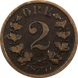 Norway Oscar II Bronze 1877 2 Ore Norwegian Lion BETTER DATE KM# 353 (20 836)