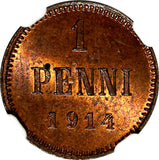 FINLAND Nicholas II Copper 1914 1 Penni NGC MS64 RB KM# 13