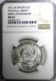 SWEDEN Gustaf V Silver 1921 W 2 Kronor NGC MS65 400th Political Liberty KM799(5)