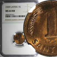 Latvia Bronze 1939 1 Santims NGC MS64 RB Rainbow Toned KM# 10 (012)