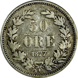 SWEDEN Oscar II Silver 1877 EB 50 Ore Mintage-149,000 RARE DATE KM# 740